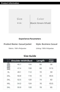 Size guide for men's slim fit jacket with detailed measurements from size M to 5XL