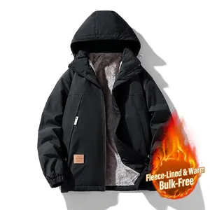 Men's black hooded jacket with warm fleece lining and windproof shell for outdoor wear