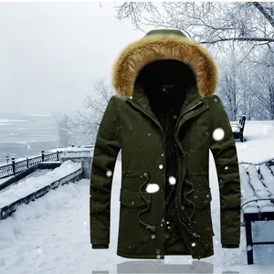 Close-up of army green men's padded parka featuring a plush brown faux fur trim hood