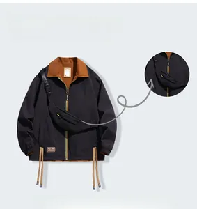 Detail of men's reversible jacket featuring brown contrast collar and matching crossbody bag