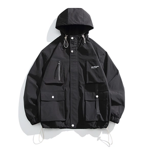 Waterproof black outdoor cargo jacket with hood and multiple utility pockets