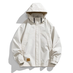 Men's waterproof hooded windbreaker jacket in beige with protective fleece lining