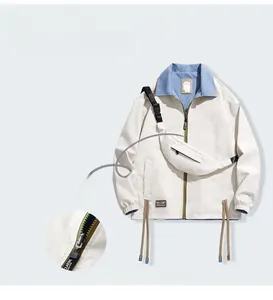 Detail view of contrast zipper and tactical chest pocket on a casual jacket