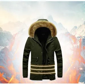 Detail view of winter parka hood with brown faux fox fur trim and thermal lining