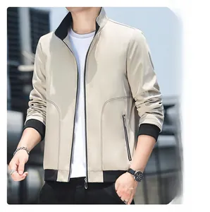 Detail of men's slim fit jacket featuring black ribbed collar and vertical zip chest pocket