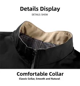 Detailed shot of the men's black jacket with stand collar and brown checkered lining