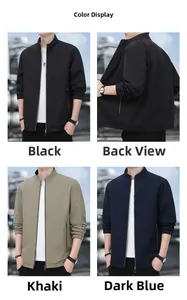 Three-color display of men's stand collar business jackets in black, khaki, and navy blue