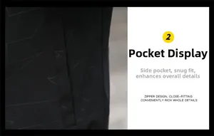 Detailed view of side pockets on a slim-fit black sports jacket with geometric patterns