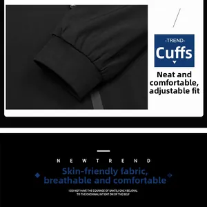 Detailed close-up of ribbed cuffs on a black men's windproof jacket with skin-friendly fabric