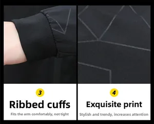 Close-up of ribbed cuffs and geometric pattern printing on slim fit black jacket