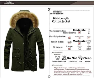 Detail view of military green men's parka with large faux fur hood and utility pockets