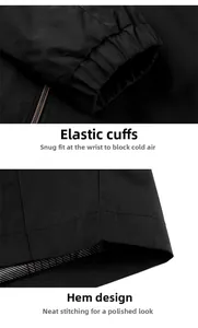 Detail of elastic cuffs and windproof hem on black jacket with striped lining