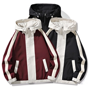 Men's Casual Color Block Hooded Jacket Fashion Windproof Loose Sporty Zip Up Windbreaker With Pockets For Spring Autumn