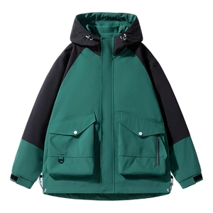 Outdoor color-block mountain jacket with hood and utility pockets in green and black