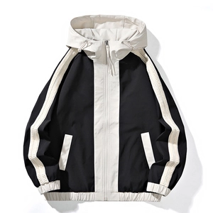 Men's casual black and white hooded windbreaker jacket with sporty stripes