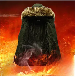 Men's dark green hooded parka with plush fleece lining and thick faux fur collar