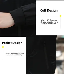 Detail view of ribbed elastic cuffs and zippered pockets on a black jacket