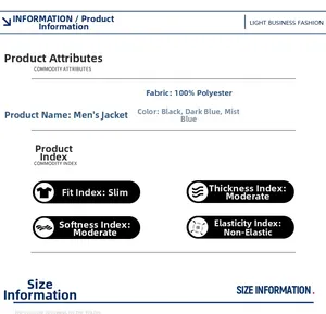 Detailed chart of men's business jacket showing polyester fabric and fit features