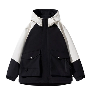 Men outdoor mountain jacket with black and white color blocking and utility hood