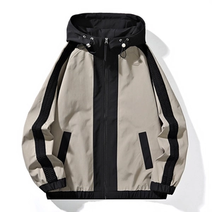 Men's casual hooded color-block jacket with zip closure and sporty sleeve stripes