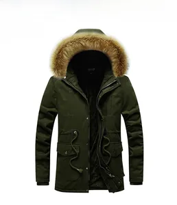Detail of army green men's parka showing faux fur hood and warm fleece lining