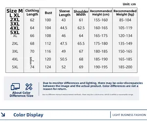 Detailed men's business jacket size chart with measurements in cm for M to 5XL sizes