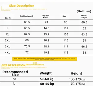Detailed size chart for men's casual jacket showing measurements from M to 4XL in cm