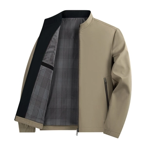 Men Business Casual Stand Collar Jacket With Grey Grid Lining Windproof Lightweight Zip Up Outerwear For Spring Autumn