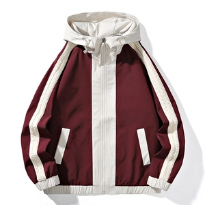 Men's casual hooded jacket in burgundy and off-white with zip-up design and stripes