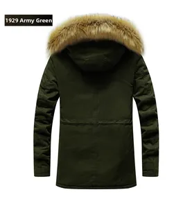 Back view of heavy army green winter parka featuring a large fluffy brown faux fur collar