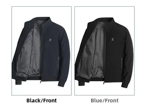 Detail view of men's stand collar jackets in navy and black with striped lining and logo