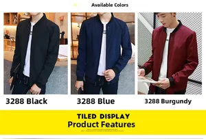 Men's slim fit bomber jacket set showing black blue and burgundy color options