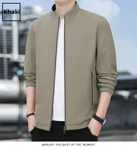 Detail of khaki business casual jacket with stand collar and zipper pocket