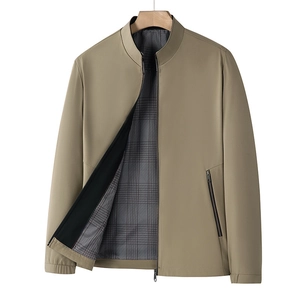 Men's khaki stand collar business jacket with classic plaid lining and zip pockets