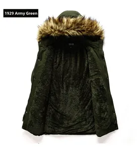 Detail view of winter parka featuring army green shell and soft faux fur lining