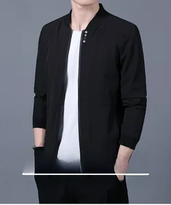Close-up of black men's casual jacket featuring a stand collar and four decorative buttons