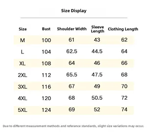 Detailed size chart for the men's casual jacket showing measurements from M to 5XL