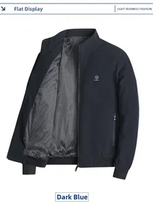 Detail of navy blue business jacket showing striped lining and stand collar zipper