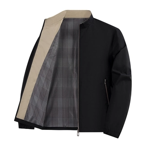 Men's business casual jacket in black with beige stand collar and gray checkered lining