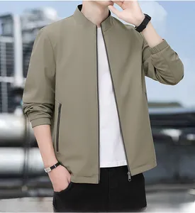 Detailed view of ribbed collar and high-quality zipper on men's business casual khaki jacket