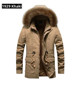 Detail of men's khaki winter parka featuring thick brown fleece lining and a large faux fur collar