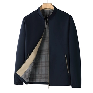 Men's navy blue business casual jacket with stand collar and plaid lining