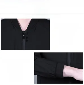 Close-up detail showing the ribbed collar zipper and sleeve cuffs of the black jacket