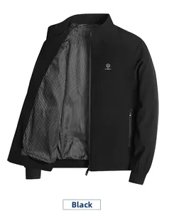 Detail view of black men's stand-up collar jacket with striped lining and logo zipper