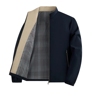 Men's business casual dark blue standing collar jacket with plaid lining