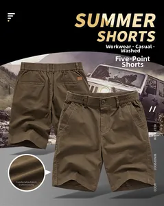 Macro shot of cotton cargo shorts featuring washed fabric and elastic waistband detail
