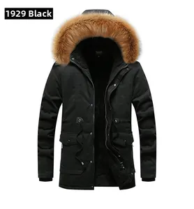 Detail of men's winter parka featuring a fluffy brown fur collar and drawstring waist