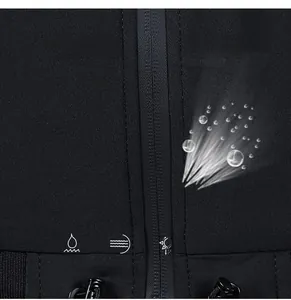 Detail of black sports jacket showing breathable fabric, resin zipper and drawstring toggle