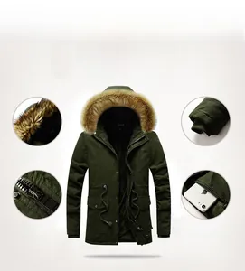 Detail view of winter parkas army green fleece lining and plush fur hood trim