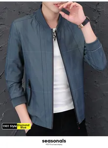Detail of diamond blue men's bomber jacket showing checkered texture and metal zipper